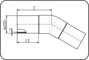 Koleno 30°, dugi trn, W/P-TW, brizganje, čeono + elektrofuzijsko zavarivanje, PE 100-RC crna – kod 019